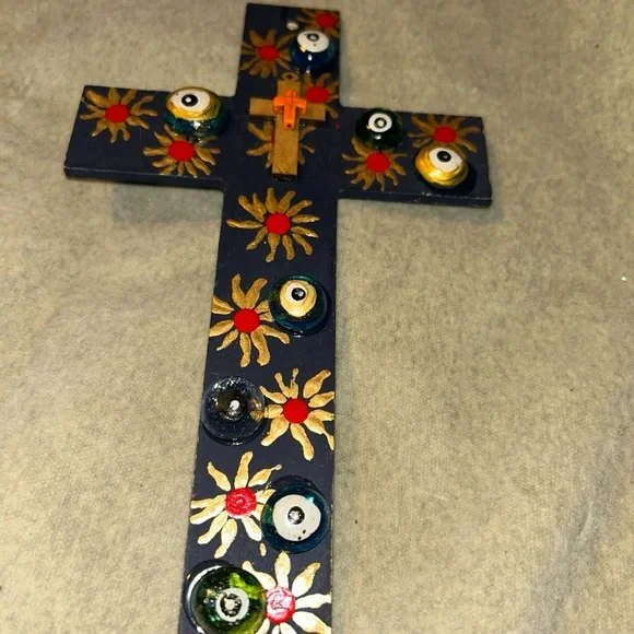 Evil Eye & Sun Wood  Cross - Picture 2 of 6